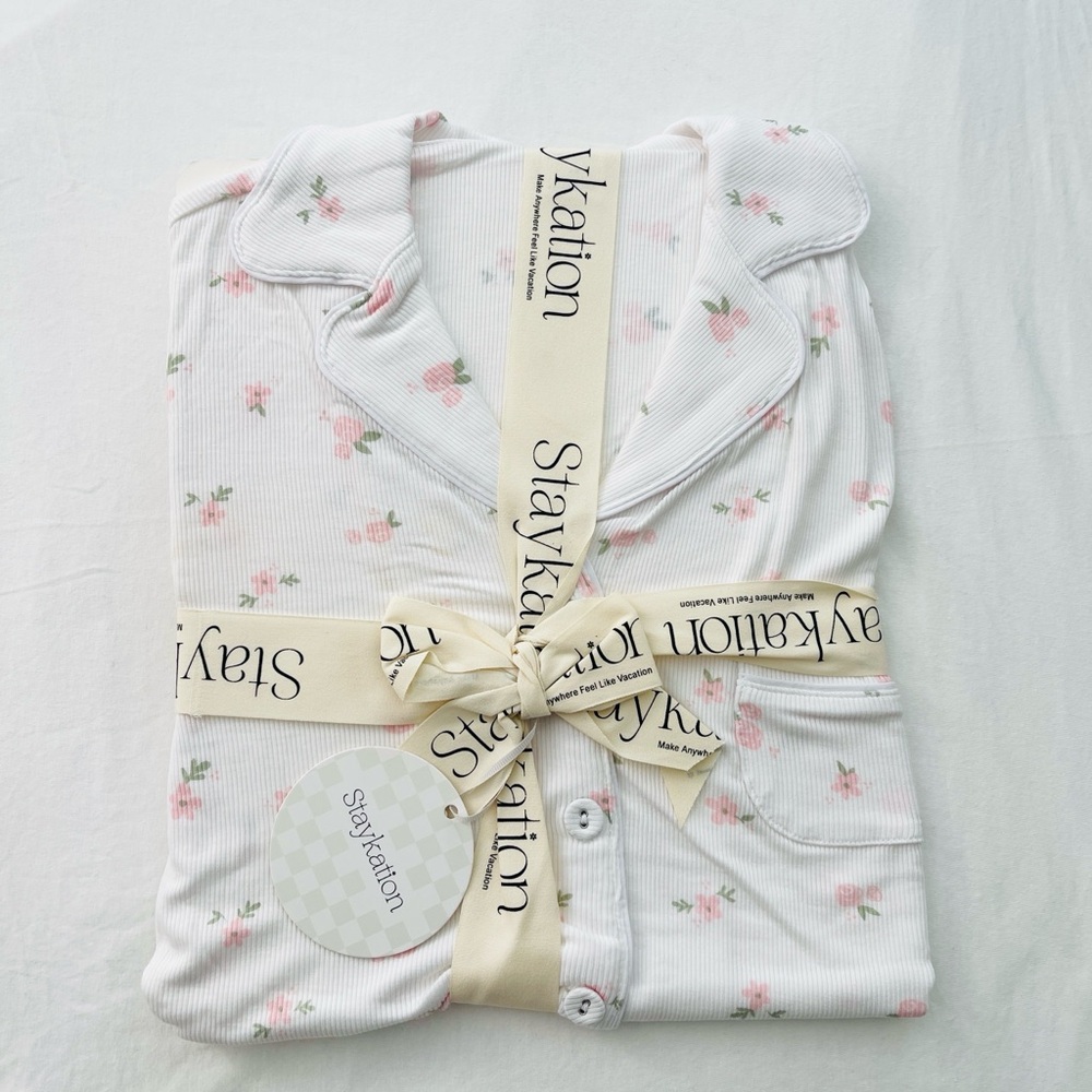 NWT StayKation Bamboo Ribbed PJ Floral Sleepshirt / Lounge Dress Size XS - Picture 4 of 7